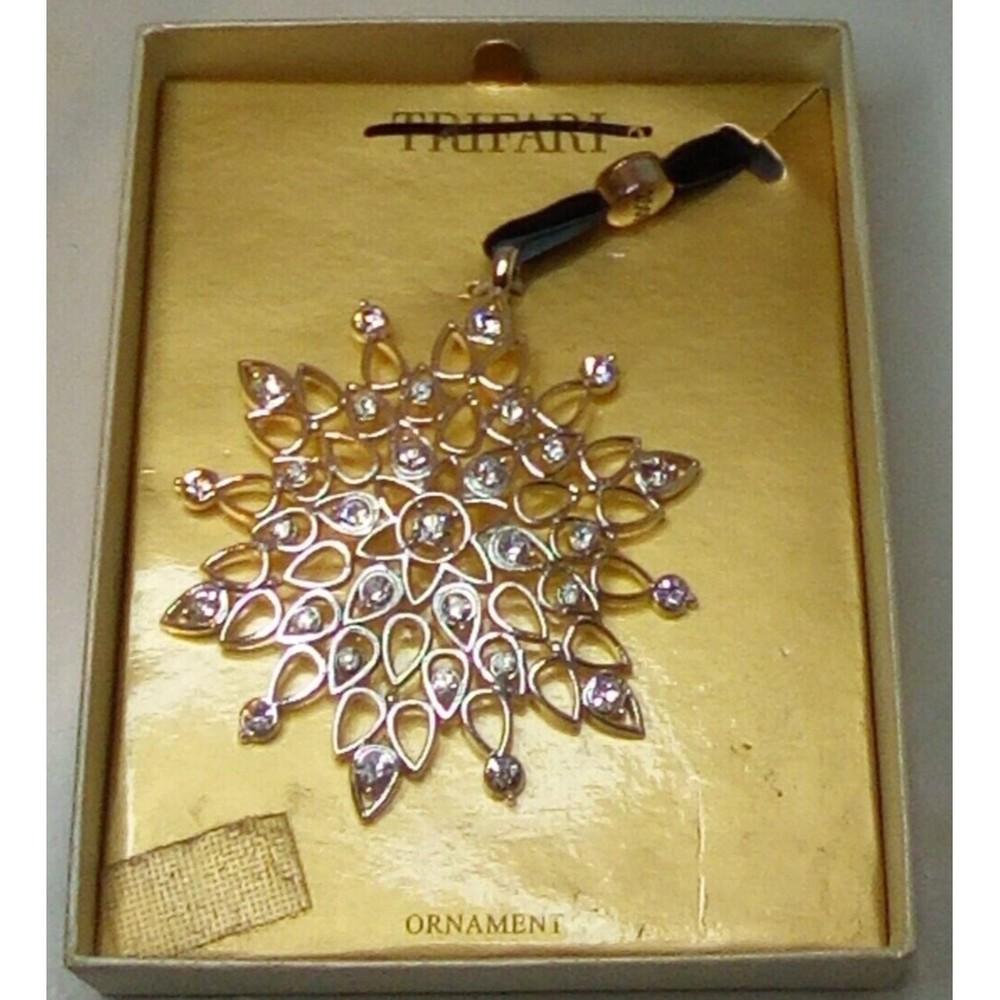 Vintage TRIFARI snowflake ornament Silver tone metal with clear glass rhinestone